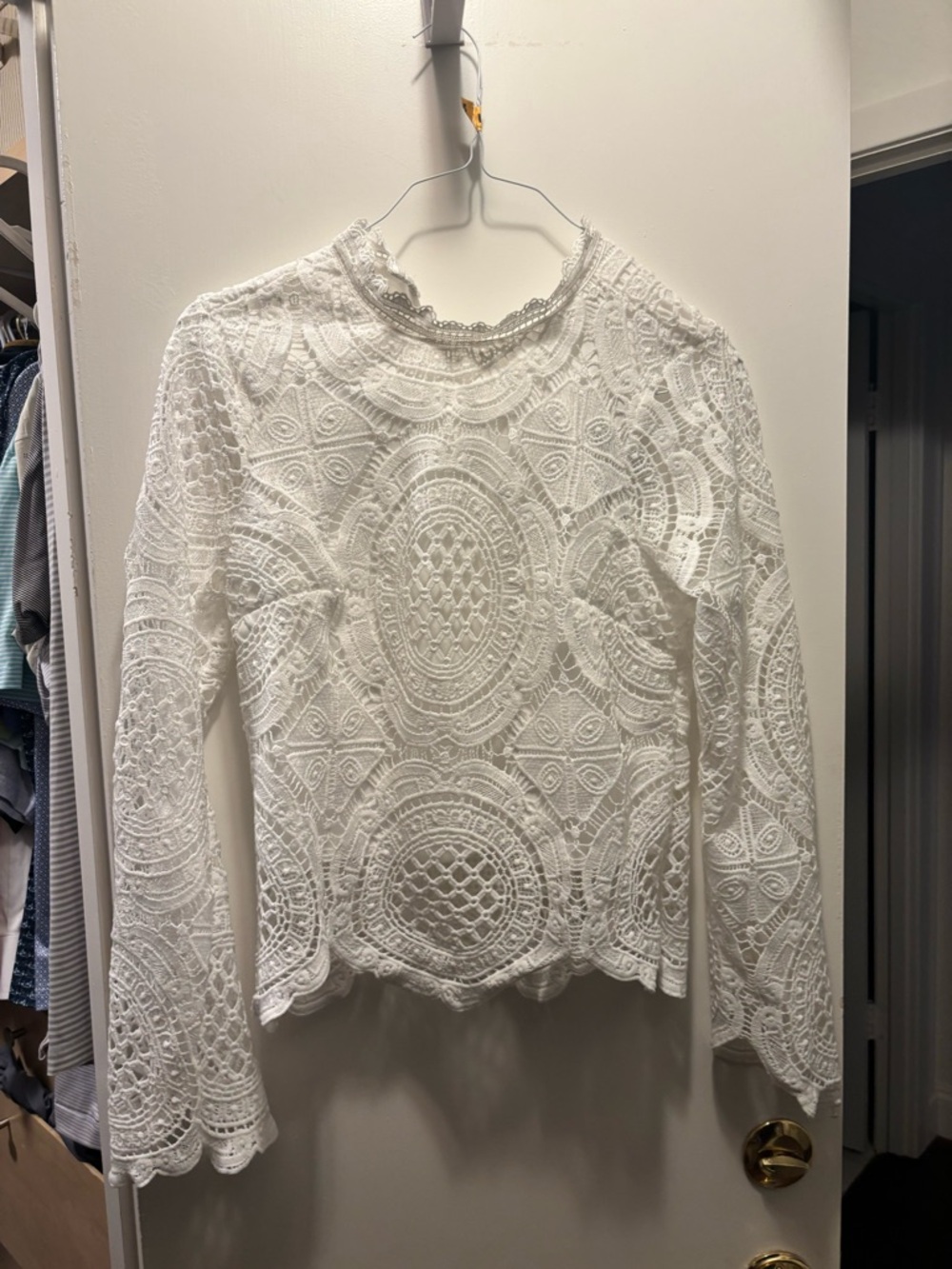 Ultra Pink White Crochet Lace Long-Sleeve Top
